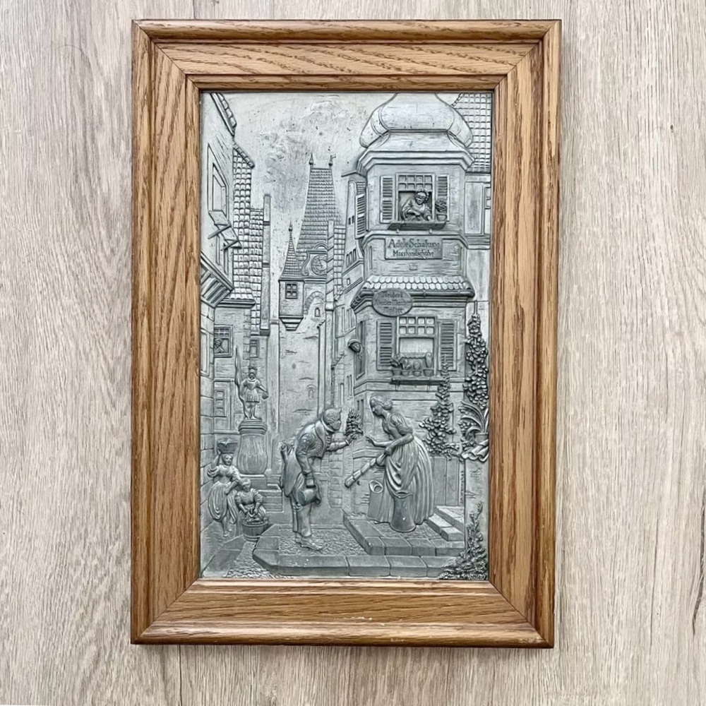 Vintage WMF Zinn German‎ Pewter Relief Wood Framed German Wall Art 11”x 16”